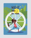 Wake up, go yoga, pregnant women character, sport activity for gestation period, flat vector illustration. Web poster