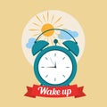 Wake up good morning poster with alarm clock and clouds