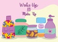 Wake up and makeup cosmetics fashion beauty body lotion hand cream and skin care products