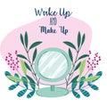 Wake up and makeup cosmetics product fashion beauty mirror cartoon Royalty Free Stock Photo