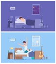 Wake up man. Joyful happy morning sleeping male person stretching in bad sitting on mattress vector peaceful characters