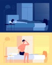 Wake up man. Sleep boy, resting guy after sleeping in morning fresh room. Flat bedroom, early waking and yawning person Royalty Free Stock Photo