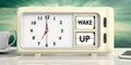 Wake up message on retro alarm clock against blurry sunrise background. 3d illustration. Royalty Free Stock Photo