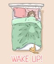 Wake up postcard. Cat catching legs under the blanket. Girl wakes up because of her cat. Top view