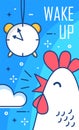 Wake up poster with alarm clock and rooster. Thin line flat design. Vector good morning background