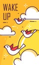 Wake up poster with birds, clouds and sun. Thin line flat design. Vector good morning banner