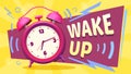 Wake up poster. Good morning, alarm clock ringing and mornings wakes vector illustration