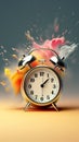 wake-up, vintage alarm clock exploding into multicolor colorful dust pain splashes, vertical Royalty Free Stock Photo