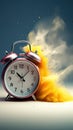 wake-up, vintage alarm clock ringing and exploding into colorful dust, blue and yellow, vertical Royalty Free Stock Photo