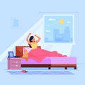 Wake-up woman. Morning sunlight and stretching beautiful girl in bedroom, wake up at bed sleep energy fresh new day Royalty Free Stock Photo