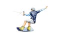 A wakeboard jumping watercolor sportsman illustration. Hand drawn athletic active man holding the rope after the wake boarding bo