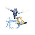 A wakeboard sportsman jumping on the wave watercolor illustration. Hand drawn athletic active man holding the rope after the wake Royalty Free Stock Photo