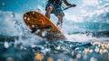 Wakeboarder executing high jump over shimmering water with dynamic splashes creating frame Royalty Free Stock Photo