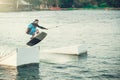 Wakeboarder trains in the lake Royalty Free Stock Photo