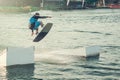 Wakeboarder trains in the lake Royalty Free Stock Photo