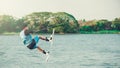 Wakeboarder trains in the lake Royalty Free Stock Photo