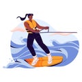 Wakeboarding. Girl stands on board, holds rope pulled by boat. Woman in life jacket rides, surfing on waves. Extreme Royalty Free Stock Photo