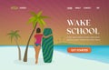 Wakeboarding School UI UX vector web template for wake station landing page, sports camp. Young sporty girl hugs a wakeboard Royalty Free Stock Photo