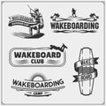 Wakeboarding silhouettes, labels and design elements. Set of emblems for wakeboard club and print design for t-shirt. Royalty Free Stock Photo