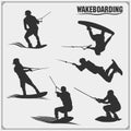 Wakeboarding silhouettes, labels and design elements. Set of emblems for wakeboard club and print design for t-shirt.