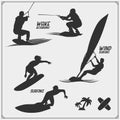 Wakeboarding silhouettes, labels and design elements. Set of emblems for wakeboard club and print design for t-shirt. Royalty Free Stock Photo