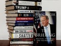 Sean Spicer`s book The Briefing sits upright in front of a vertical stack of