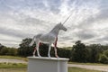 Myth sculpture of Damie Hirst in scenic location of Yorkshire Sculpture Park.