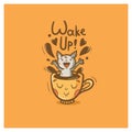 Morning card with cute cartoon cat. Cheerful kitten sits in mug with coffee. Wake up and drink hot tea. Funny animal. Vector con