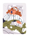 Waking up from mobile phone call. Annoyed upset asleep woman awakening in bed, disturbed by smartphone, cellphone talk