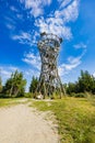 Beautiful high metal and spiral mountain viewing tower on top of Borowa mountain at sunny