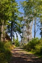 Beautiful high metal and spiral mountain viewing tower on top of Borowa mountain seen from