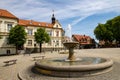 Walcz, zachodniopomorskie / Poland - May, 24, 2019: The market of a small town in West Pomerania. Old tenements at the streets of