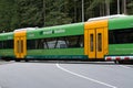 The Waldbahn train passes over a level crossing with andreas cross and railroad crossing gates and red signal light, Germany