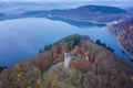 Waldenburg castle ruins and the Biggesee with the surrounding landscape from a bird\'s eye view