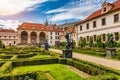 Waldstein palace garden Valdstejnska Zahrada and building of the Senate of Czech Republic in Prague. Wallenstein Palace Gardens Royalty Free Stock Photo