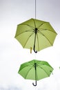 Wales, Caernarfon. Green umbrellas as decoration. Royalty Free Stock Photo