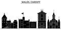 Wales, Cardiff architecture vector city skyline, travel cityscape with landmarks, buildings, isolated sights on