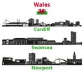 Wales cities skylines silhouettes vector set