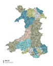 Wales higt detailed map with subdivisions. Administrative map of Wales with districts and cities name, colored by states and