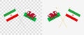 Wales and Iran crossed flags. Pennon angle 28 degrees. Options with different shapes and colors of flagpoles - silver and gold.