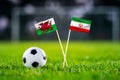 Wales vs. Iran, Ahmad Bin Ali, Football match wallpaper, Handmade national flags and soccer ball on green grass. Football stadium Royalty Free Stock Photo