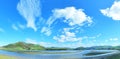 Wales Welsh green landscape blue sky with white fluffy clouds