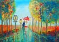 Man and woman with a red umbrella on the boulevard