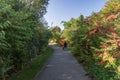 Walk along the autumn trail in a residential area Royalty Free Stock Photo