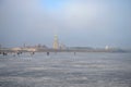 A walk along the frozen Neva near the St. Peter and Paul fortress. March in Saint Petersburg, Russia Royalty Free Stock Photo