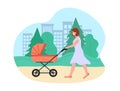 Walk with baby stroller in summer. Woman in dress pushing pram for newborn, carriage for little child. Young mother walking with Royalty Free Stock Photo