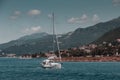 Walk on a beautiful yacht in the Bay of Kotor on the Adriatic Sea. Montenegro. Royalty Free Stock Photo