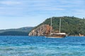 Walk on a beautiful yacht in sea and view on budva riviera from Sveti Nikola island in summertime. Montenegro. Royalty Free Stock Photo