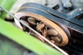 Walk-behind tractor pulley with two belts close-up. Tractor for agriculture, agricultural machinery Royalty Free Stock Photo