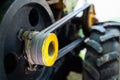 Walk-behind tractor pulley with two belts close-up. Tractor for agriculture, agricultural machinery Royalty Free Stock Photo